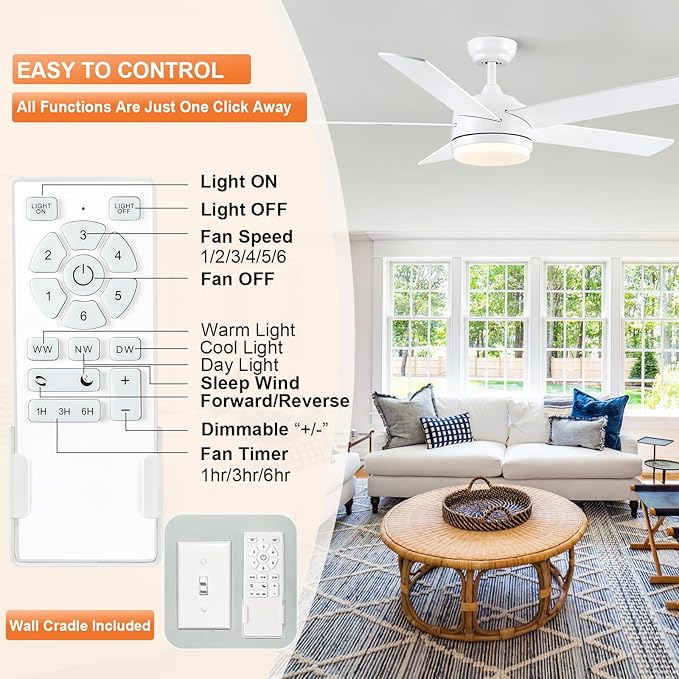 YUHAO 60 Inch White Ceiling Fan with Light and Remote Control.Noiseless,Dimmable,3CCT,6 Speeds Reversible, DC Ceiling Fans for Indoor or Covered Outdoor