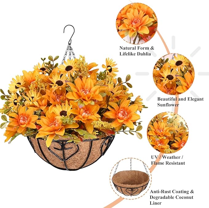 Waipfaru Artificial Fake Fall Hanging Mums Plants Flowers Basket for Outdoor, Faux Mums Floral Hanging Plant in Hang Planter Look Real UV Resistant for Porch Patio Balcony Yard Outdoor Decor (1Pcs)