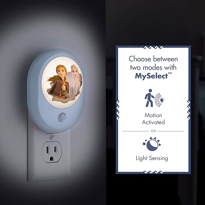 Disney Frozen II MySelect LED Night Light, Motion Sensor, Dusk-to-Dawn, Featuring Anna and Elsa, Ideal for Girls' Bedrooms, Nurseries, or Bathrooms – 44473