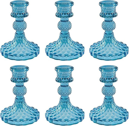 Glass Candlestick Holder,Striped Taper Candle Holders,Set of 6 Candle Stand for Table Centerpieces, Home Decor,Weddings,Festival and Parties (Bule Dimond)