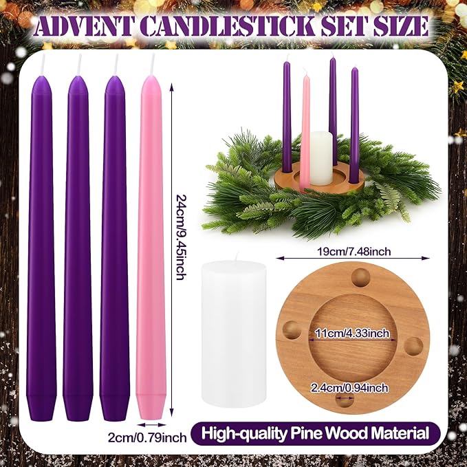 Mumufy 6 Pcs Advent Candle Holder Set Nativity Christmas Centerpiece Religious Decorations Rustic Wooden Advent Candlestick Holders with Purple Pink Taper Candles for Thanksgiving Christmas Nativity