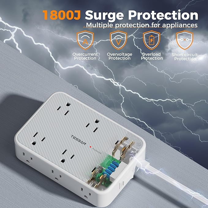 TESSAN Surge Protector Power Strip, 15FT Flat Extension Cord with Multiple Outlets, 12 Outlet Extender with 4 USB (2 USB-C), Flat Plug Power Strip, 1800J Surge Protection, Office, Dorm Essentials