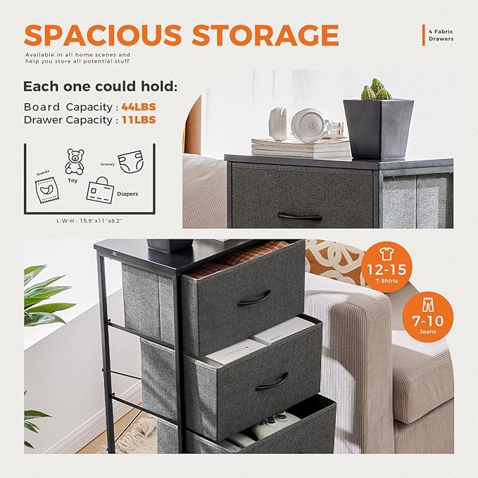Sweetcrispy Dresser for Bedroom, Storage Drawers, Skinny Fabric Storage Tower with 4 Drawers, Tower Organizer Unit, Chest of Drawers with Wooden Top for Closet,Entryway,Grey