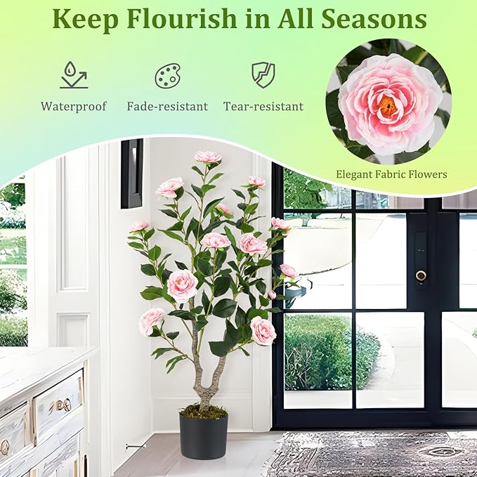 GOFLAME 3FT Artificial Camellia Tree, Faux Camellia Plant with Pink Flowers, Solid Wood Trunk, Realistic Moss, Greenery Potted Decoration Tree for Indoor Outdoor Home Porch Front Door