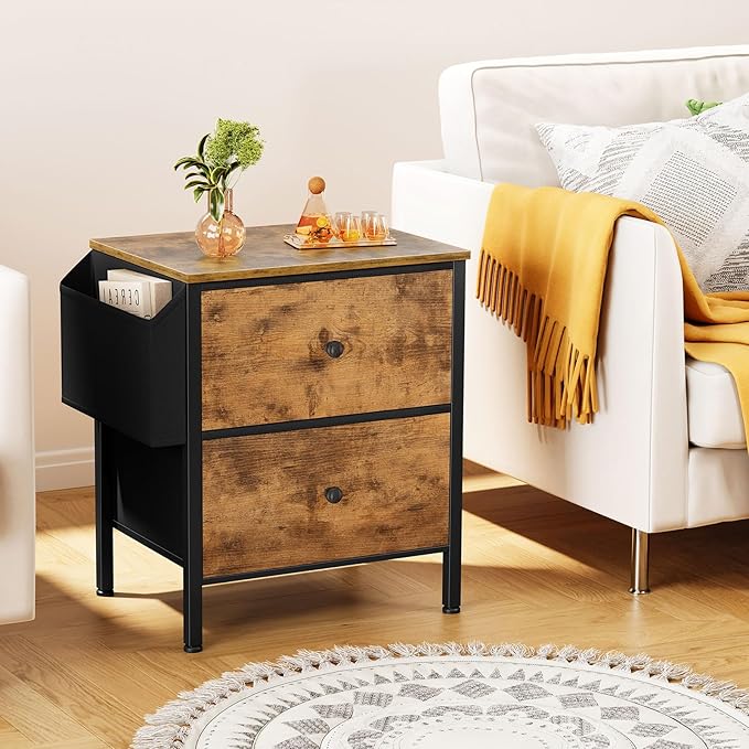 BOLUO Night Stand with Drawers for Bedroom - Small nightstand with Pocket 2 Drawer Dresser End Table Brown