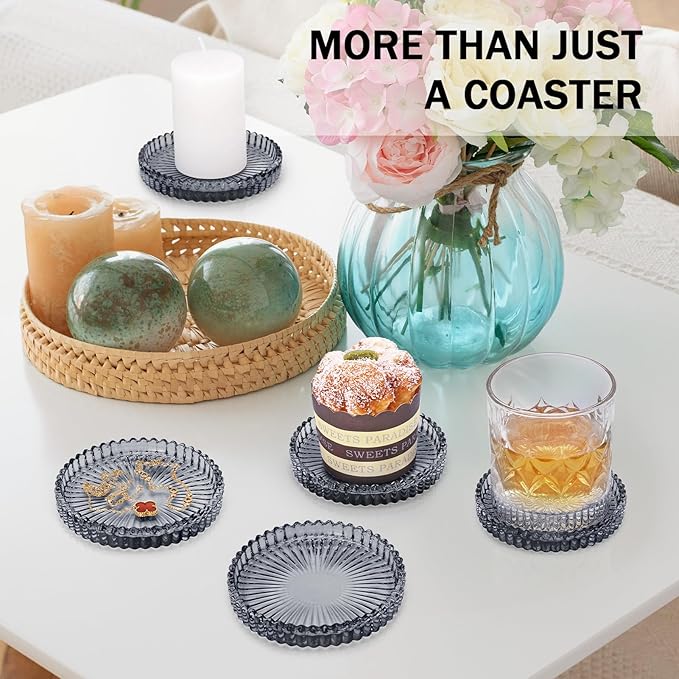 Glass Candle Holders, GOH DODD Set of 8 Crystal Pillar Plates Modern Coasters for Drinks, Centerpiece, Home Decor, Kitchen, Living Room, Patio, Wedding, Halloween, Christmas, Party, Clear Black