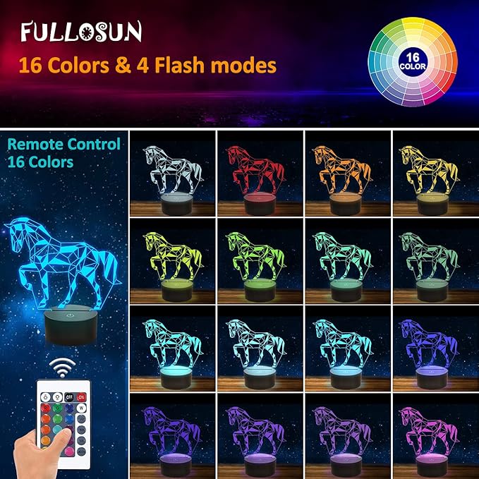 FULLOSUN Night Lights for Kids Horse Illusion 3D Night Light Bedside Lamp 16 Colors Changing with Remote Control Best Birthday Gifts for Child Baby Boy and Girl