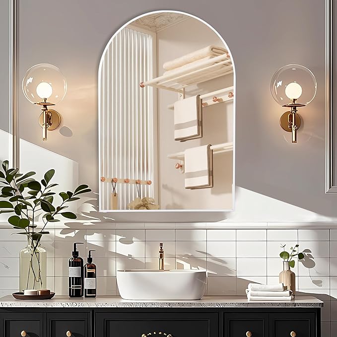 White Arch Bathroom Wall Mirror,24 x 36 Inch Arched Vanity Modern Tempered Glass Mirror for Bedroom,Living Room,Entryway