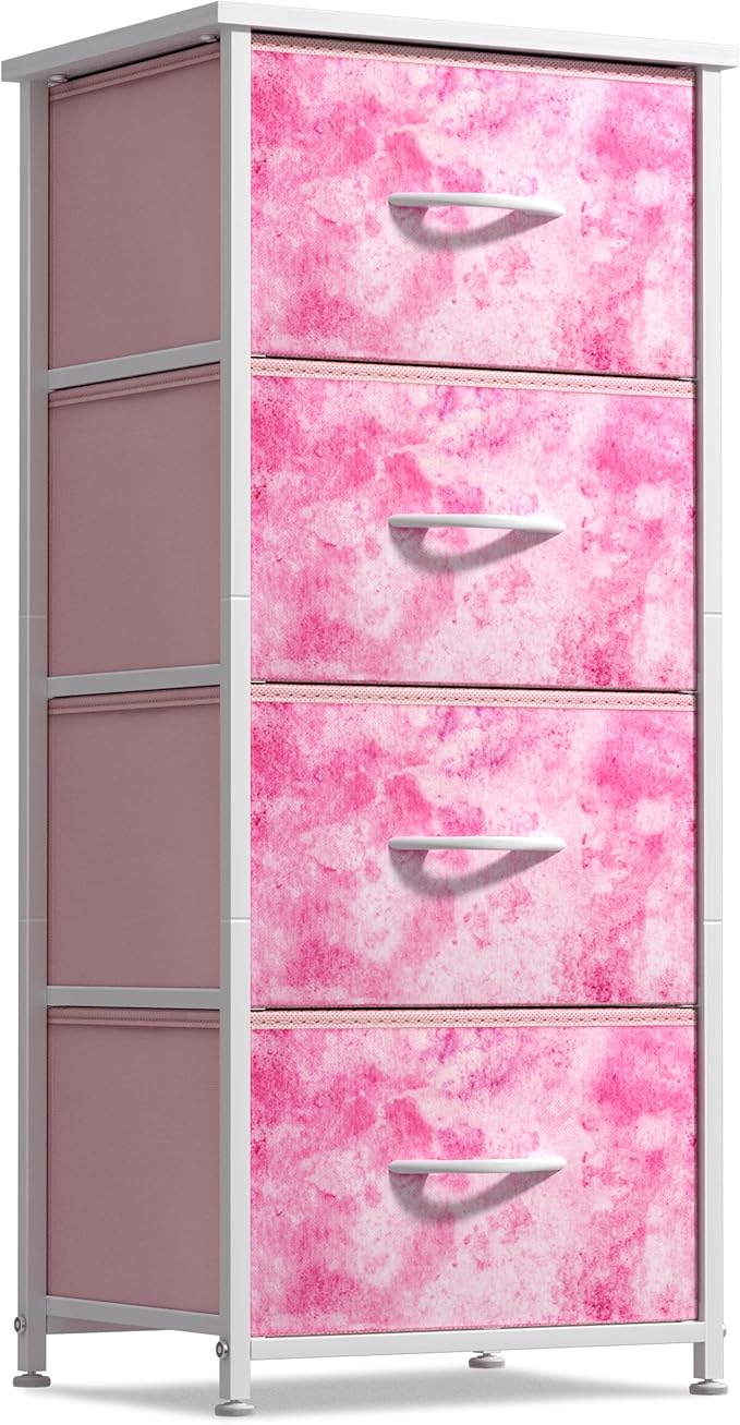Sorbus Dresser Storage Tower, Organizer Drawers for Closet Boys & Girls Bedroom, Bedside Furniture, Chest for Home, College Dorm, Steel Frame, Wood Top, Tie-dye Fabric Bins(4-Drawer, Pink)