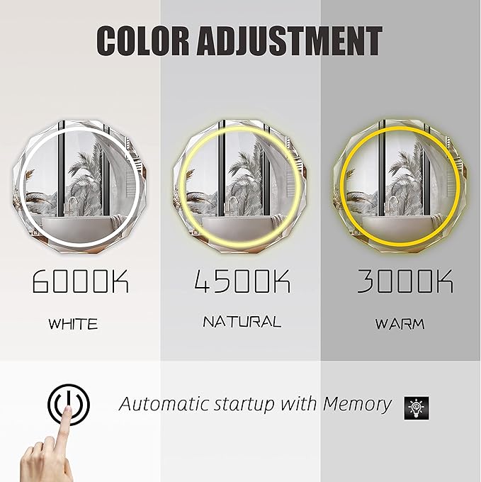 Round LED Bathroom Mirror, Beveled Edge Frameless Wall Mount Bathroom Vanity Mirror with 3-Color and Anti-Fog, 30 Inch, Silver
