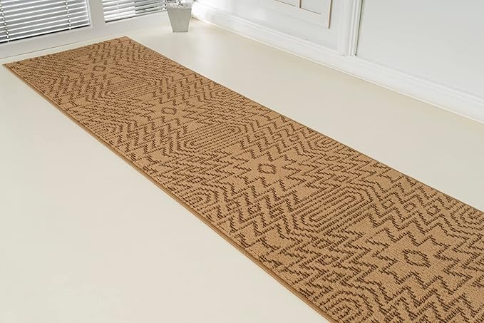 Custom Length Cut to Size Tribal Ethnic Southwestern Inspired Hallway Runner Rug, Non Slip Rubber Backed, 31 inch Wide X Customized Length, Inca Tan, 31 inch X 14 feet