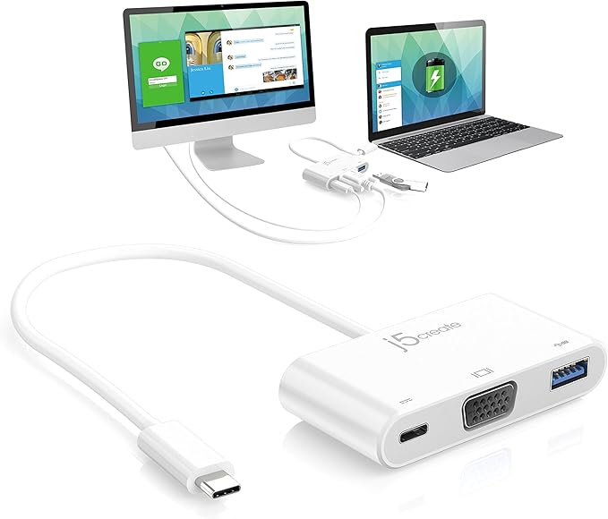 j5create USB-C to VGA & USB 3.0 - Power Delivery | USB Super Speed 3.0 Port | 5 Gbps | 1920 x 1200 @ 60 Hz | 1080p Video Playback | Compatible with USB C Devices