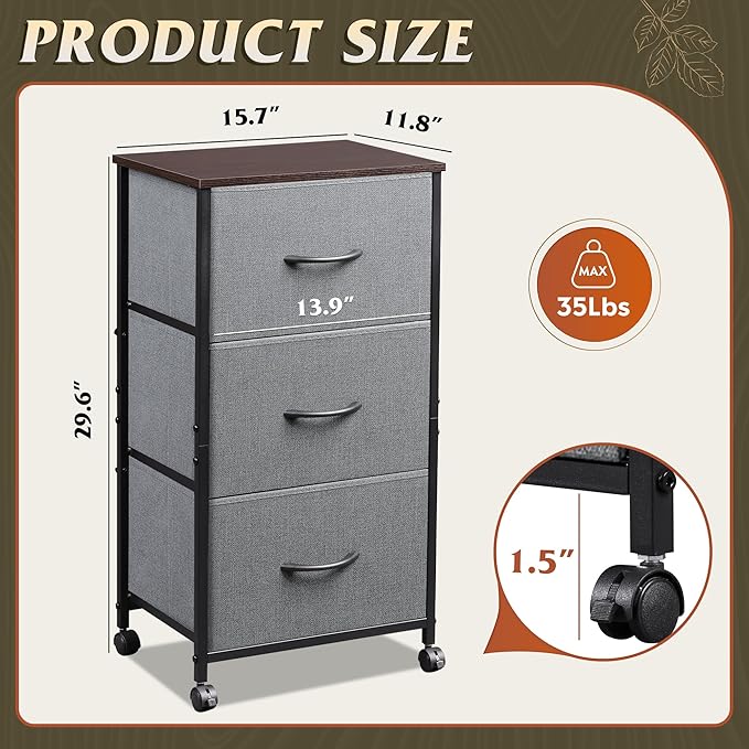 WLIVE Dresser with 3 Drawers, Fabric Nightstand, Cabinet with Wheels, Organizer Storage Dresser for Bedroom, Office, Closets, Sturdy Steel Frame, Easy Pull Handle, Dark Grey