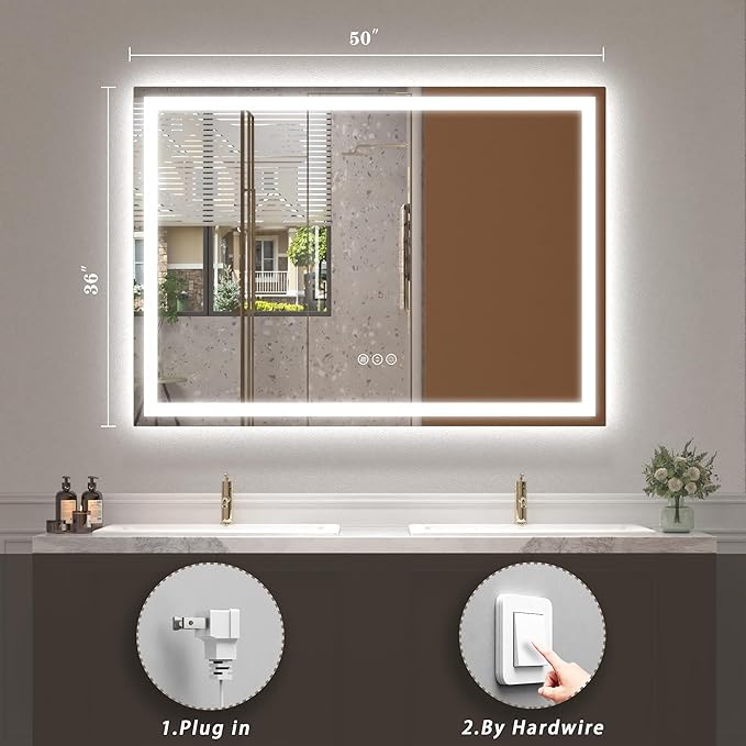 50x36 LED Lighted Bathroom Mirror for Wall, Large Vanity Mirror with Lights, Dimmable, Anti-Fog, Shatter-Proof, ETL Listed (Front + Backlit)