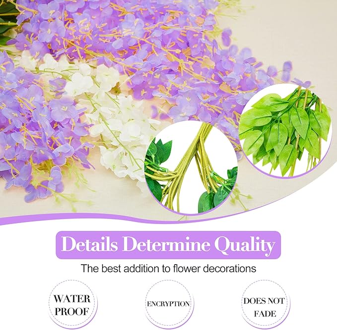 Giegxin 36 Pcs Artificial Wisteria Hanging Flowers 3.6 ft Artificial Fake Wisteria Vine Rattan Hanging Garland Silk Flowers String for Wall Home Wedding Party Greenery Decorations (Purple,White)