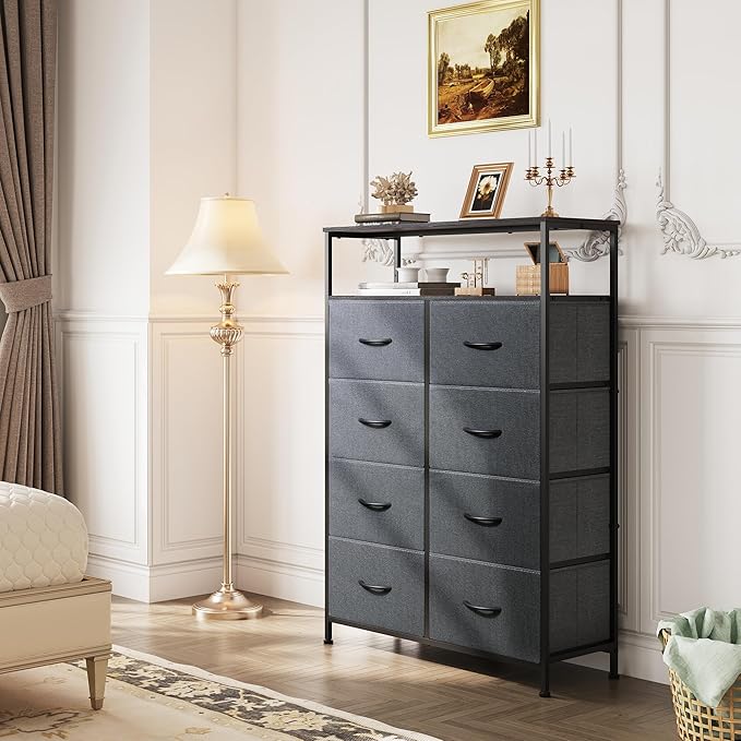 WLIVE Fabric Dresser for Bedroom with Open Shelves, Tall Dresser with 8 Drawers, Storage Tower with Fabric Bins, Chest of Drawers for Closet, Living Room, Hallway, Charcoal Gray