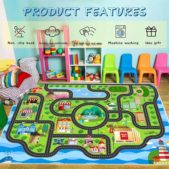 Car Rug,Kids Play Rug with Roads,Playroom Toy Car Rug, Car Track Rug City Map for Bedroom Classroom - (110X78.7 Inches)
