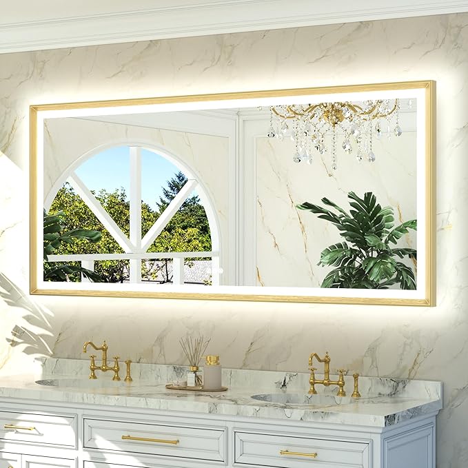 TETOTE Gold LED Bathroom Mirror with Lights 72x32 Front & Back Light Vanity Framed Mirror Baroque Anti Fog Dimmable White/Warm/Natural,CRI90+,Waterproof,Wall Mounted(Horizontal/Vertical)