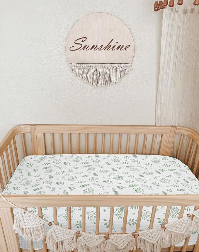 Muslin Bedside Bassinet Sheets 2 Pack, 33x20 Fitted Ultra Soft & Breathable Bedside Sleeper Sheets, Ideal for Baby Girl and Boy, Perfect for Newborns (Fern Leaf & Sage)