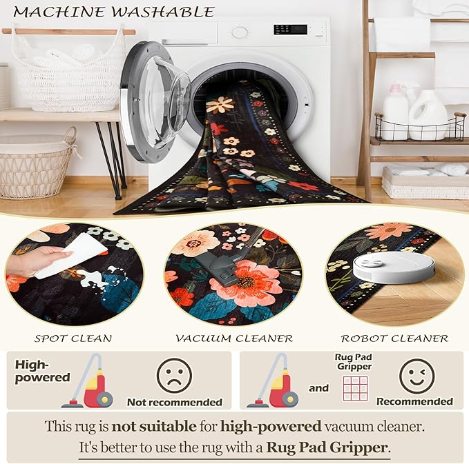 Floral 2x8 Area Rug Machine Washable Soft Print Boho Carpet Non Slip Doormat Low Pile Flower Area Rugs for Living Room Bedroom Nursery Kitchen Dining Room Indoor-Black