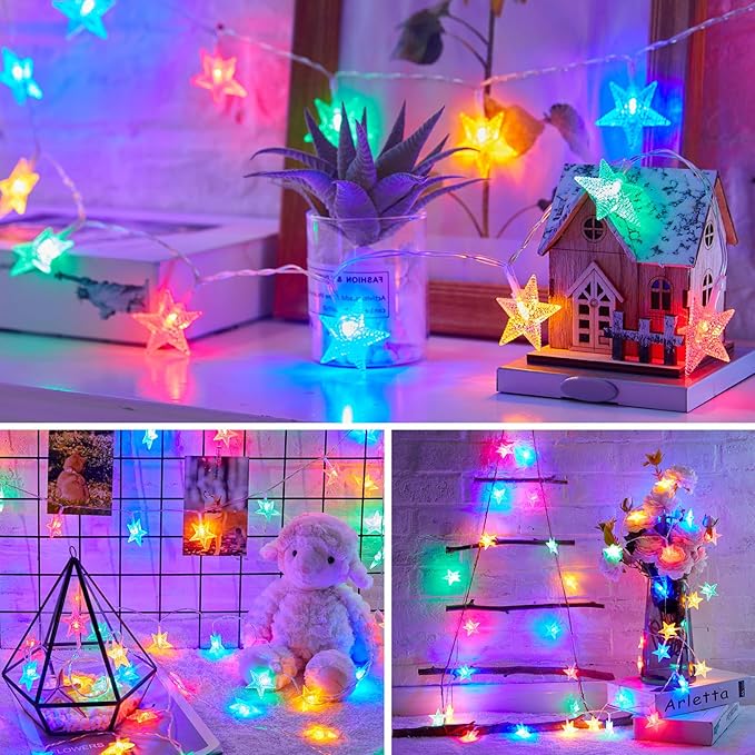 Minetom Star String Lights Battery Operated - 2 Pack 17 ft 50 LED Star Fairy String Lights with Timer, Waterproof for Indoor Bedroom Tent Loft Bed Patio Party Wedding Decor, Multi-Color