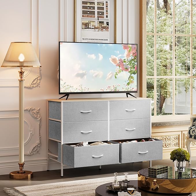 WLIVE 6 Drawer Dresser for Bedroom, Wide Fabric Dresser TV Stand for 50 Inches TV with Metal Frame, Wooden Top, Chest of Drawers, Storage Organizer for Living Room, Hallway, Light Grey