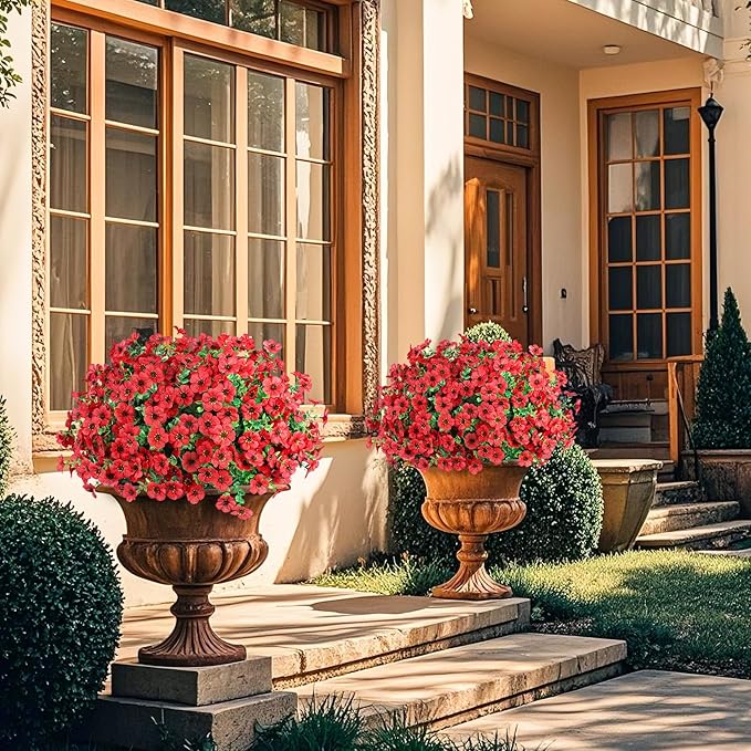 Ouddy Decor 24 Bundles Artificial Flowers for Outdoors Fake Silk Flowers UV Resistant Faux Plastic Plants for Spring Summer Garden Porch Window Box Table Vase Home Indoor Outdoor Decoration, Red