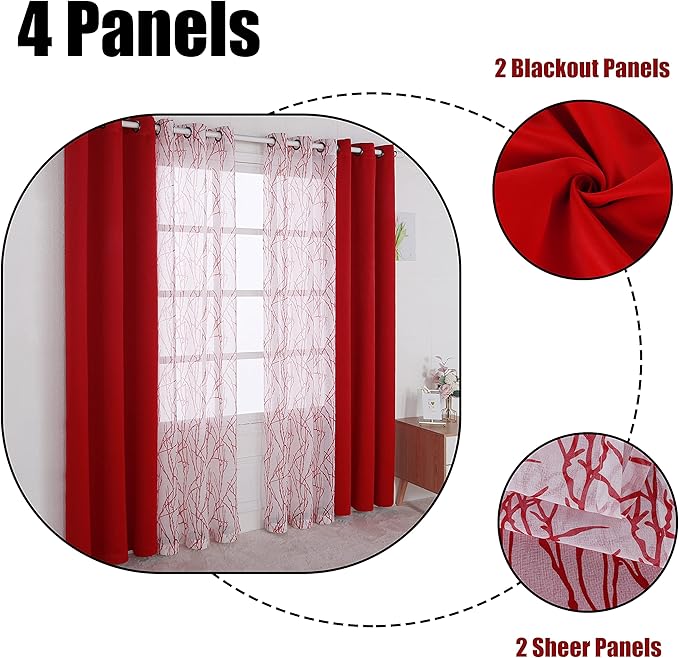 BONZER Mix and Match Curtains - 2 Pieces Branch Print Sheer Curtains and 2 Pieces Blackout Curtains for Bedroom Living Room Grommet Window Drapes, 37x95 Inch/Panel, Red, Set of 4 Panels