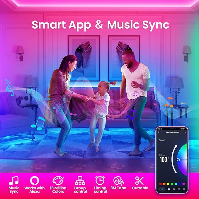 TJOY 50ft Smart Led Strip Lights for Bedroom, Alexa Led Light Strip,5050 RGB Color Changing Music Sync Led Lights Strip with App Remote,Multi-Color Wireless Led Lights for Bedroom (APP+Remote+Voice)