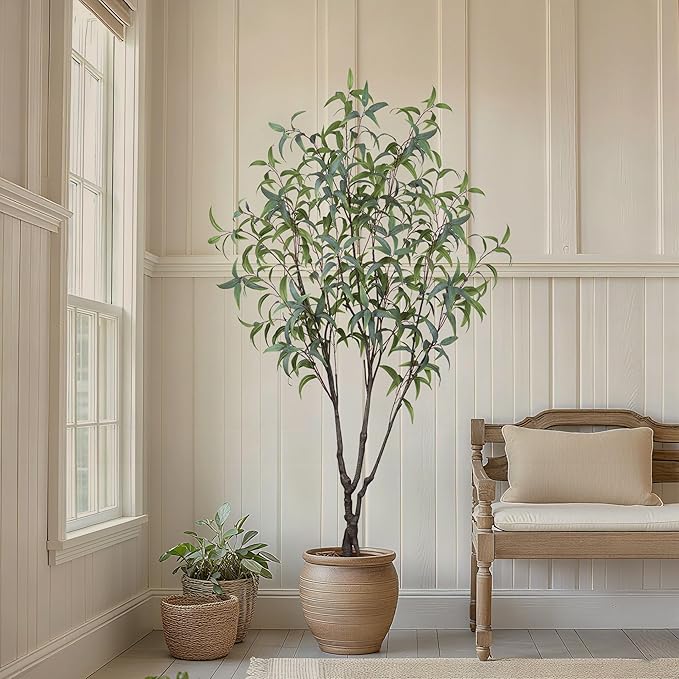 Artificial Eucalyptus Tree 7ft(84in) Faux Floor Potted Tree for Indoor Decor Large Realistic Trees Plants with Silk Leaves and Natural Wood Trunk for Home Living Room,Office Foyer Decor.