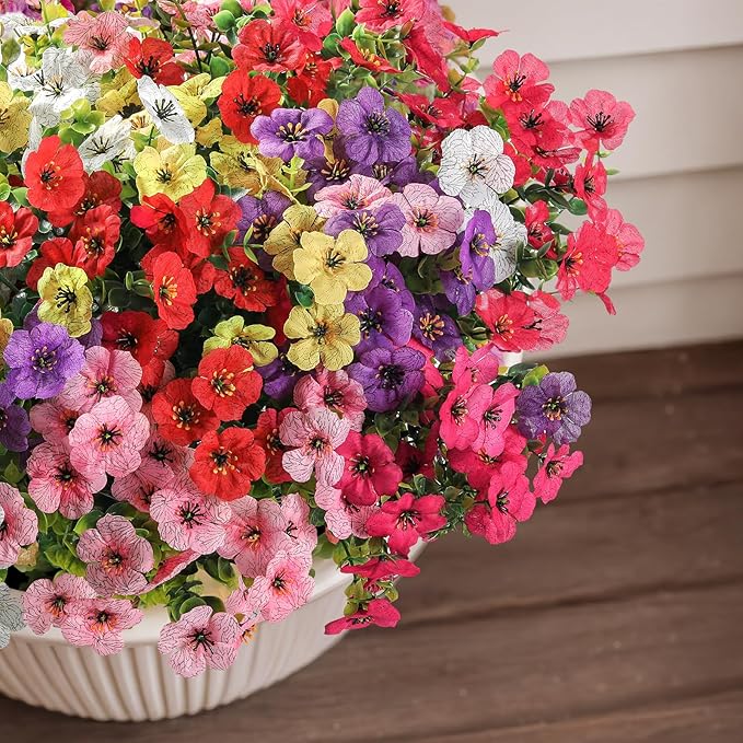 24 Bundles Artificial Flowers for Outdoor Indoor Garden Home Decoration, Look Real for Front Door Porch Patio Yard Balcony, Faux Flower Daisy with Eucalyptus Leaves Fake Plants, 4 Colors