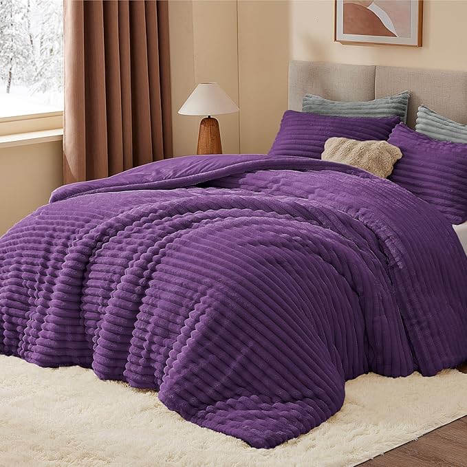 BEDELITE Fleece King Comforter Set -Super Soft & Warm Fluffy Purple Bedding, Luxury Fuzzy Heavy Bed Set for Winter with 2 Pillow Cases