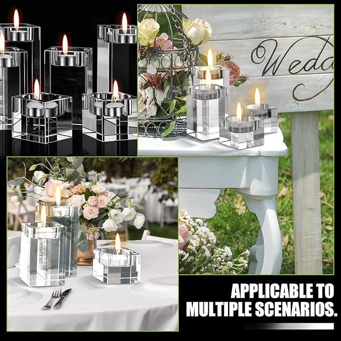 12 Pcs Crystal Tea Light Candle Holders Glass Votive Candle Stands Square Candlestick Holders for Wedding Dining Living Room Centerpiece Decorations, 1.57", 3.15", 3.94"