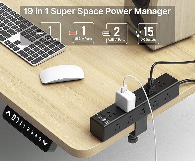 CCCEI Standing Desk Clamp Power Strip with 15 Outlets, Black Desktop Edge Mount Surge Protector Outlet, Fast Charging USB-A and 45W USB-C Ports, 15 FT Flat Plug, Black Fit 1.6 inch Table top.