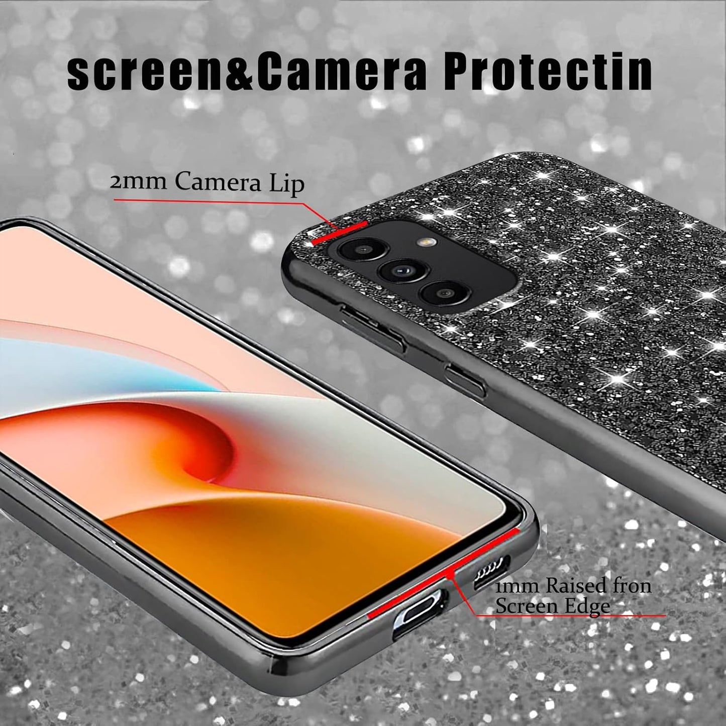 Samsung A15 Case, Glitter Shockproof Cover, Bling Sparkly TPU and PC Silicone Thin Protective for Women Girls, Black