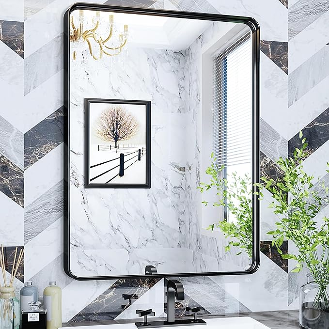 Suidia Bathroom Mirror, 30" x 22" Wall Mirror Metal Framed, Bathroom Vanity Mirror for Living Room Bedroom Bathroom Entryway, Black, Rounded Corner Style