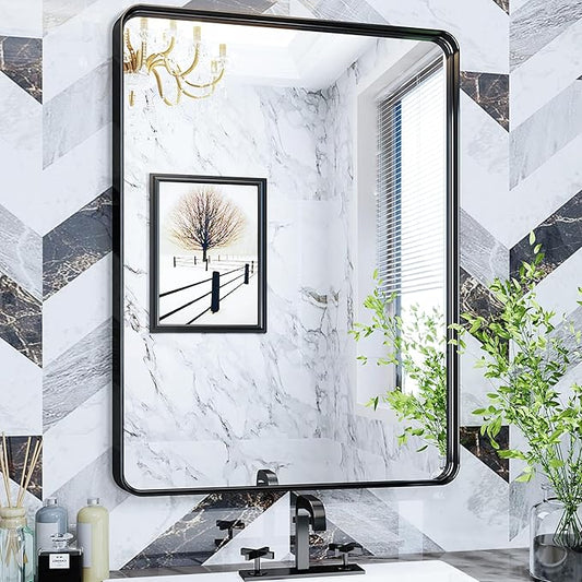 Suidia Bathroom Mirror, 30" x 22" Wall Mirror Metal Framed, Bathroom Vanity Mirror for Living Room Bedroom Bathroom Entryway, Black, Rounded Corner Style