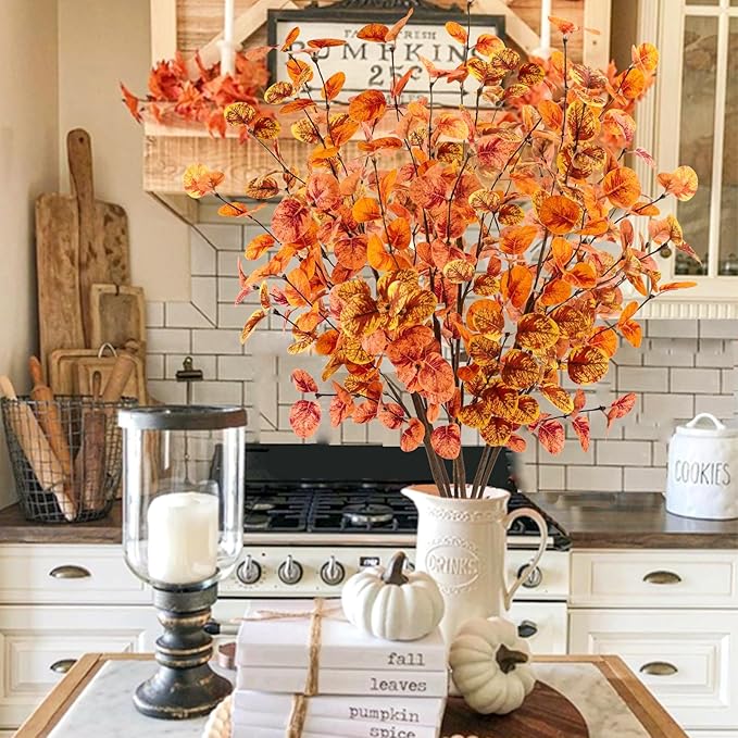 12pcs Artificial Eucalyptus Leaves Stems 30" Faux Fall Leaf Spray Plants Branches Autumn Decorations for Home Floral Arrangements Farmhouse Table Centerpiece Thanksgiving Decor