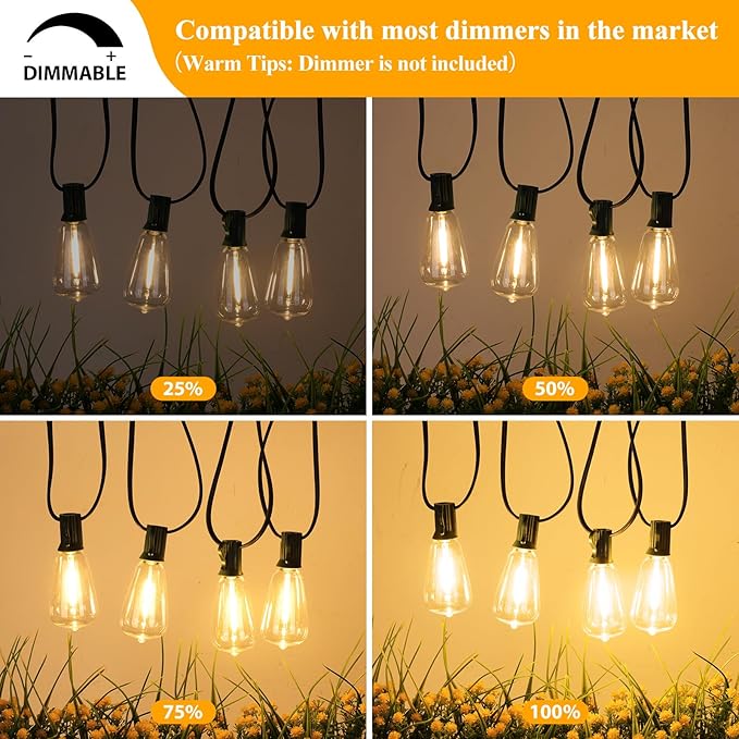 Brightever 50FT Outdoor String Lights Waterproof, 2700K Bright LED Patio Lights with 27 ST38 Shatterproof Vintage Bulbs, Retro Edison String Lights for Outside, Garden, Christmas Decor, Green Wire
