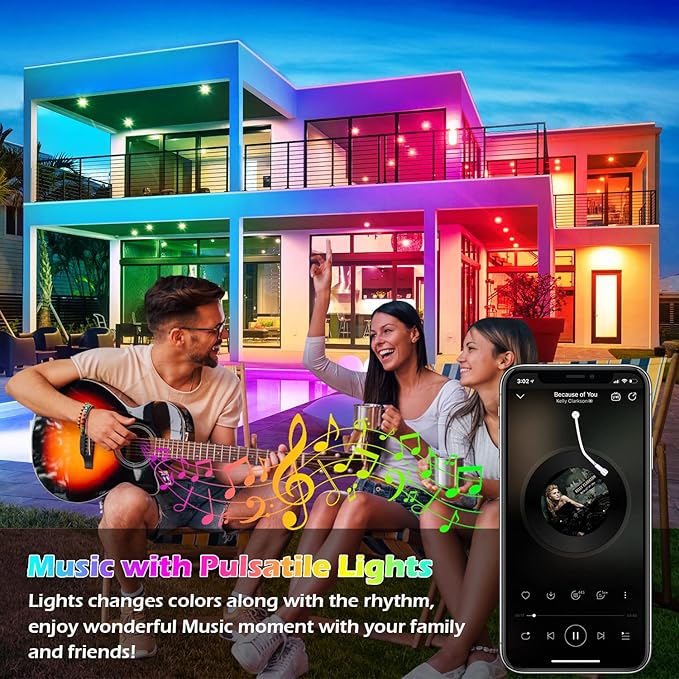 FBZ 200Ft Outdoor Waterproof LED Strip Lights,Music Sync RGB IP65 Led Lights with App Control and Remote,Color Changing Waterproof Led Rope Lights for Outdoor,Balcony,Roof,Garden,Stairs Party (200FT)