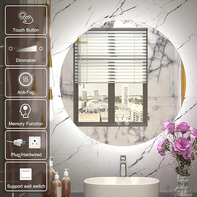 24 Inch Round LED Mirror for Bathroom,Backlit Round Bathroom Mirror with Lights, Anti-Fog, Touch, Dimmable, 3000K/4500K/6000K