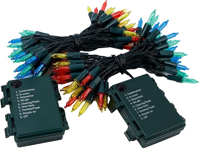 Blissun Christmas Lights, 50-Count Green Wire Light Set, Battery Operated Christmas Mini String Light with 8 Modes, 16 ft Fairy Lights for Christmas Tree Wreath Decorations (2 Pack, Multicolor)