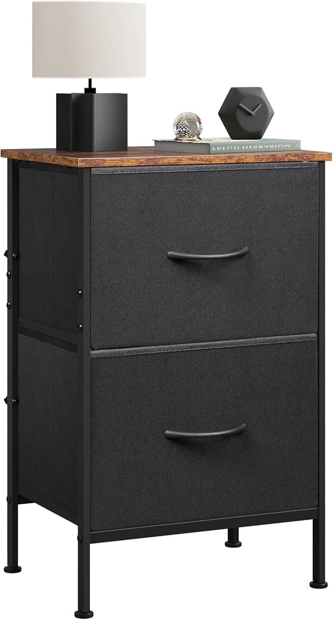 WLIVE Nightstand, Nightstand with 2 Drawers, Bedside Furniture, Night Stand, Small Dresser for Bedroom, College Dorm, End Table with Fabric Bins, Dormitory, Black and Rustic Brown, Size L