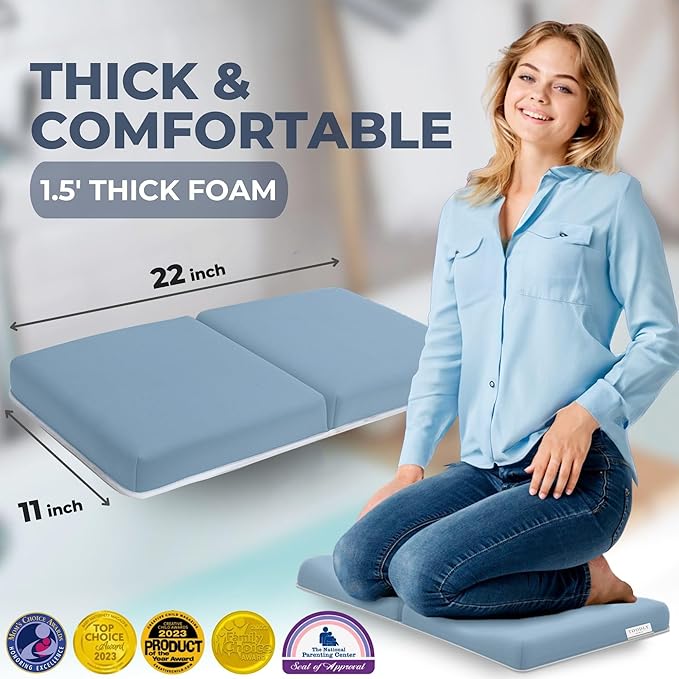 Comfortable Baby Bath Kneeler and Elbow Rest Pad Set – Thick Memory Foam Bath Kneeling Pad with Elbow Support – Baby Bathtub Cushion with Toy Organizer for Bathing Infant or Toddler - Blue