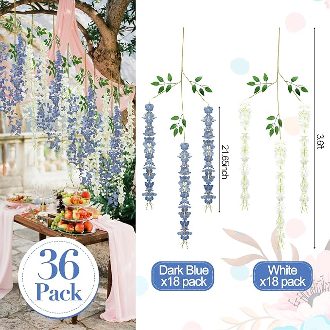 Giegxin 36 Pcs Artificial Wisteria Hanging Flowers 3.6 ft Artificial Fake Wisteria Vine Rattan Hanging Garland Silk Flowers String for Wall Home Wedding Party Greenery Decorations (Blue,White)