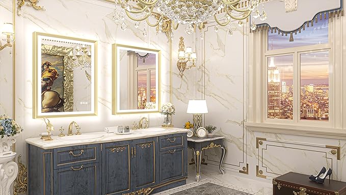 TETOTE Gold LED Bathroom Mirror with Lights 24x36 Frontlit & Backlit Vanity Framed Mirror Baroque Anti Fog Stepless Dimmable White/Warm/Natural,CRI90+,Waterproof,Wall Mounted(Horizontal/Vertical)