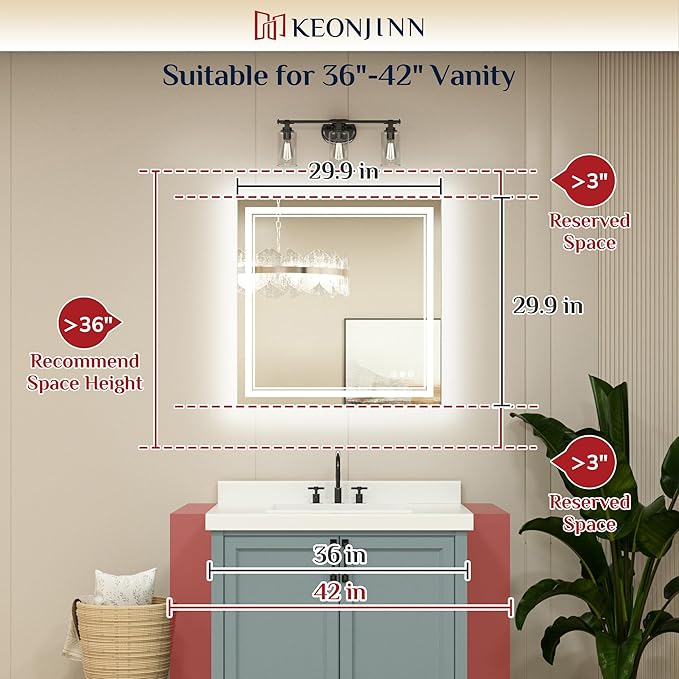 Keonjinn Bathroom LED Mirror 30 x 30 Inch Frontlit and Backlit, Tempered Glass Stepless 3 Colors Temperature & Dimmable Square Wall Mirror, UL Listed LED Driver, Double LED Strips, Anti-Fog