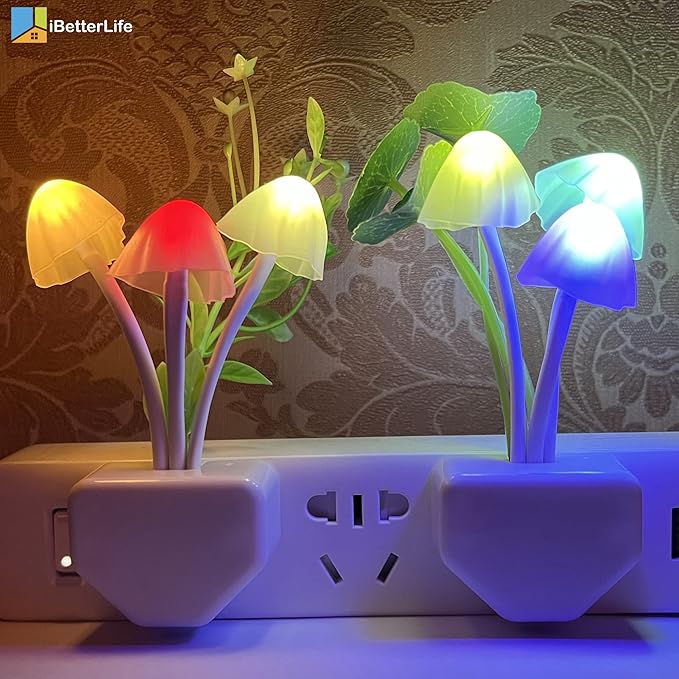 iBetterLife LED Smart Sensor 0.6W Color Changing Plug-in Night Lights for Kids Adults Cute Mushroom Bedroom Home Decor Light Wall Lamps
