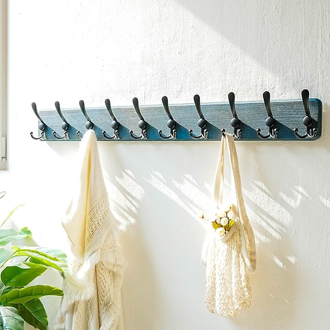 Dseap Coat Rack Wall - Heavy-duty 38-1/4" Long, with Reinforced 10 Custom Tri-Hooks, Solid Wood Wall Hanger for Coats Hat Jackets - Rustic Farmhouse Entryway Storage, Weathered Blue & Black, Pack of 2