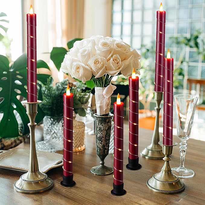 Da by 3 Pcs Flickering Flameless Battery Operated Taper Candle-Window Candles with Remote and Time-LED 3D Dynamic Flame-9.6 Inches for Wedding, Party,Home Decoration- Red